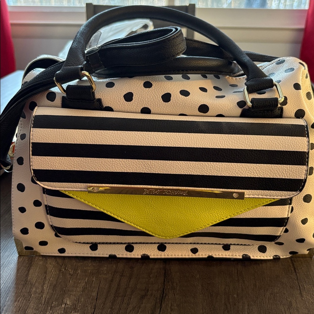 Betsey Johnson Black and White Polka Dot Satchel with high liter Yellow Accent
